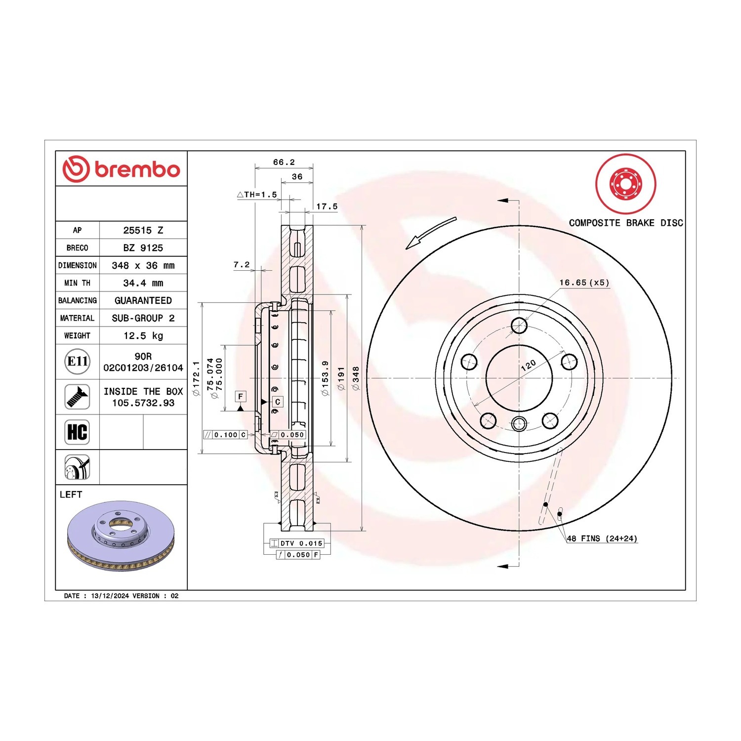 BMW 5시리즈 F07 F10 F11 앞좌측 브레이크 디스크 BREMBO 34116785669 34116898729 14fe